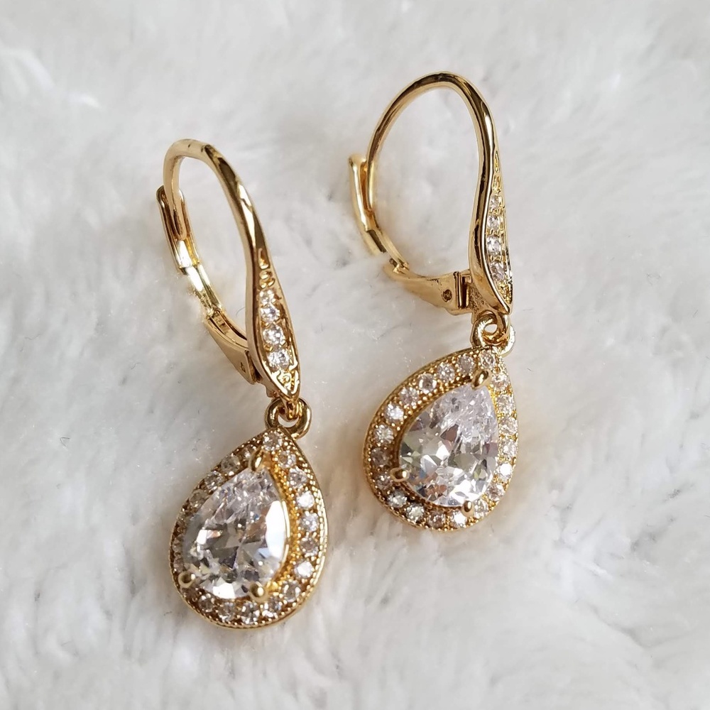 Gold/Cubic Zirconia Drop Earrings, NWOT